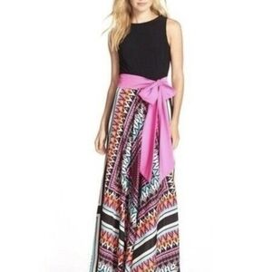Eliza J Scarf Print Jersey & Crêpe de Chine Maxi Dress Sz 8 Black Pink EUC